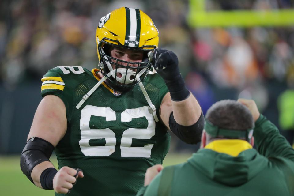 Green Bay Packers center Lucas Patrick (62) celebrates his team's win after their game Saturday, December 25, 2021 at Lambeau Field in Green Bay, Wis. The Green Bay Packers beat the Cleveland Browns 24-22.