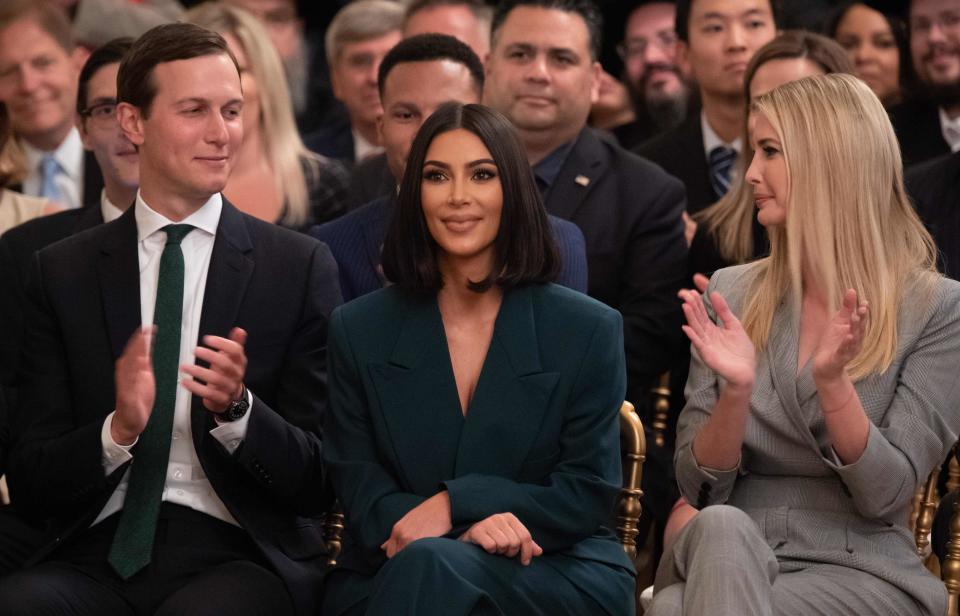 Kim Kardashian(C), Ivanka Trump(R) and Jared Kushner applaud as US President Donald Trump speaks about  second chance hiring and criminal justice reform in the East Room of the White House in Washington, DC, June 13, 2019. (Photo by SAUL LOEB / AFP)SAUL LOEB/AFP/Getty Images ORIG FILE ID: AFP_1HH8QG