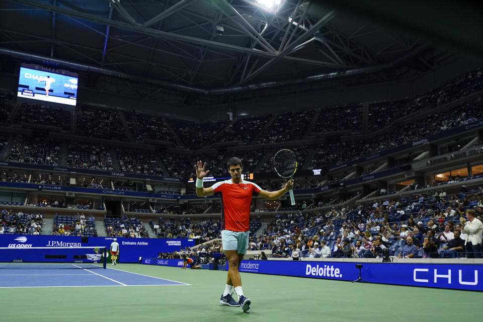 Carlos Alcaraz, of Spain, reacts to winning a point against Jannik Sinner, of Italy, during the quarterfinals of the U.S. Open tennis championships, Wednesday, Sept. 7, 2022, in New York. (AP Photo/Frank Franklin II)