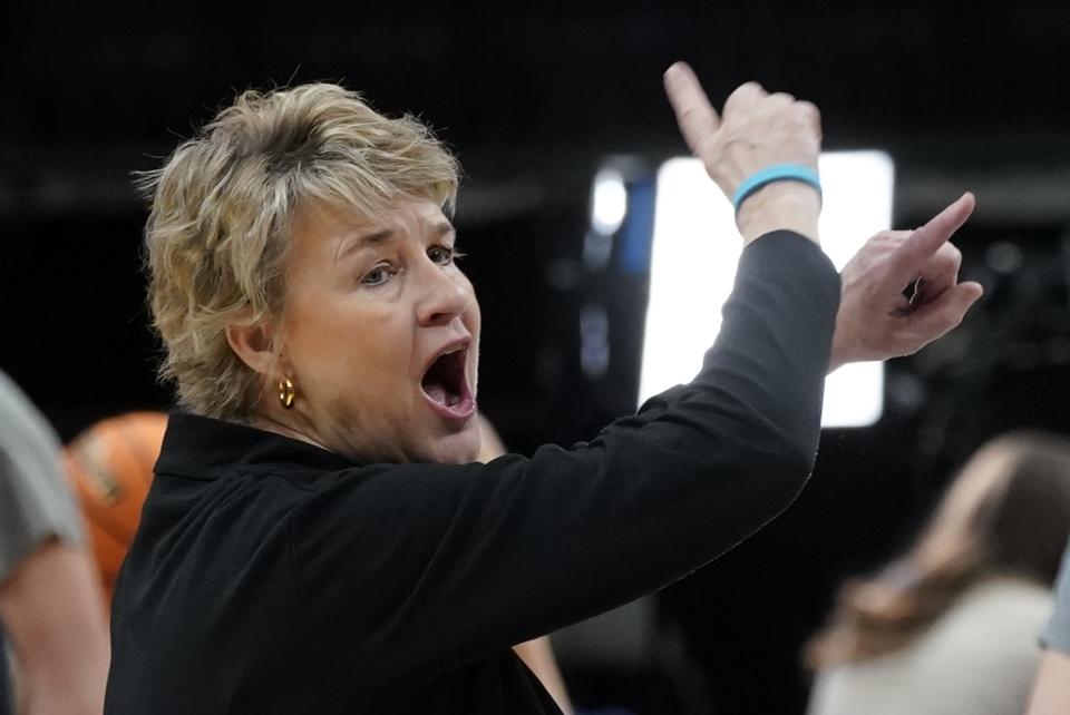 Iowa head coach Lisa Bluder reacts during a practice session for an NCAA Women's Final Four semifinals basketball game Thursday, March 30, 2023, in Dallas. (AP Photo/Tony Gutierrez)