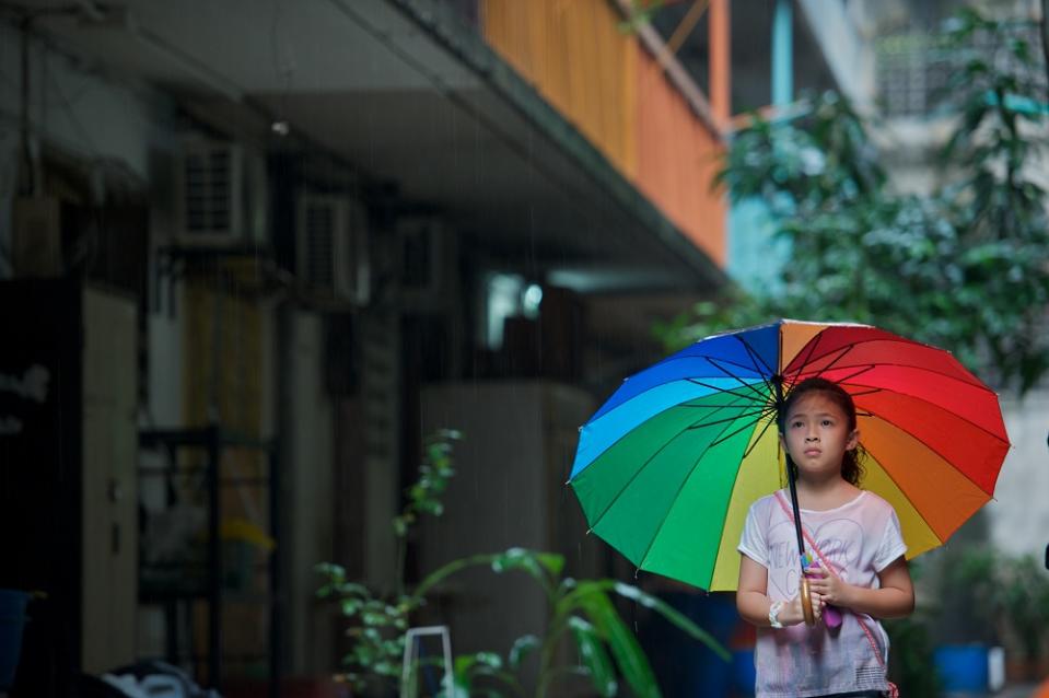 Sarah in the rain in 