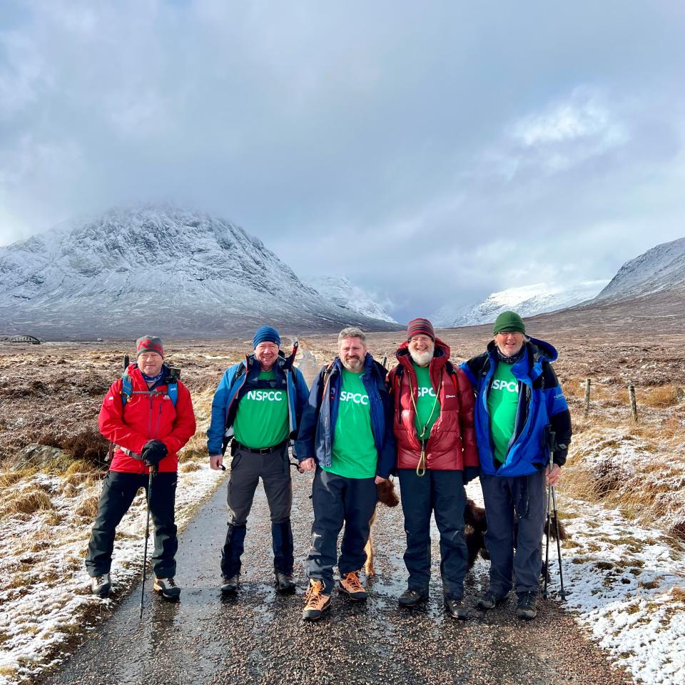 Team Uprising members, left to right, Glen Massam, Nial Mackinlay, Giles Moffatt, Neil Russell and Graeme Sneddon, while training for the trek in Scotland (Mitchell Smith/NSPCC/PA)
