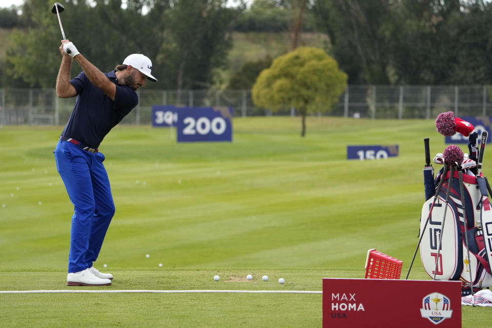 United States' Max Homa attends a training in the practice range of the Marco Simone Golf Club in Guidonia Montecelio, Italy, Monday, Sept. 25, 2023. The Marco Simone Club on the outskirts of Rome will host the 44th edition of The Ryder Cup, the biennial competition between Europe and the United States headed to Italy for the first time. (AP Photo/Andrew Medichini)