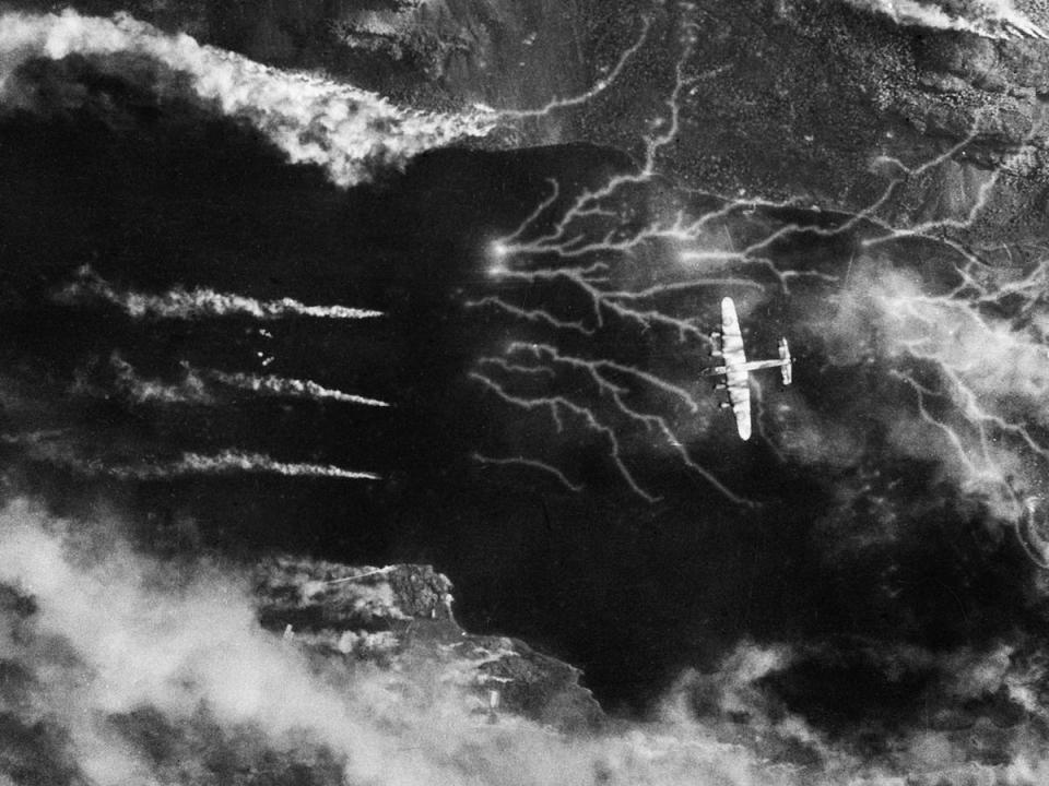 British Lancaster bombers over German battleship Tirpitz