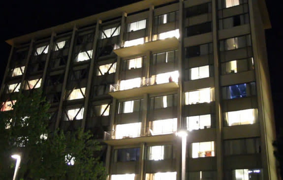 Derek Low's automated dorm room in party mode as seen from outside the UC Berkeley dorm.