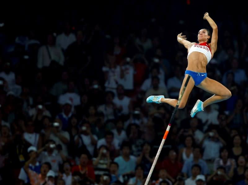 FILE PHOTO: Yelena Isinbayeva of Russia competes during the women's pole vault final at the Beijing 2008 Olympic Games