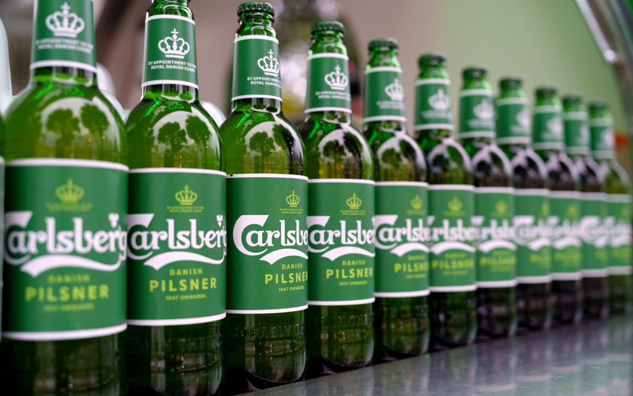 Row of Carlsberg's beer bottles display