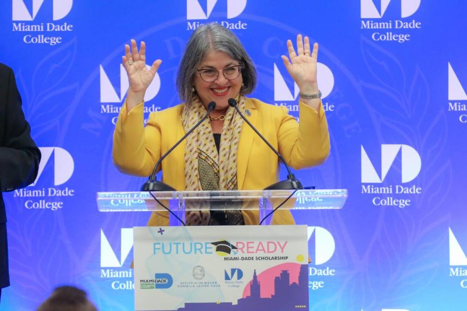 Miami-Dade County Mayor Daniella Levine Cava waves at the crowd during a press conference to announce student scholarships at Miami Dade College’s Wolfson Campus in Downtown Miami on October 30, 2023.
