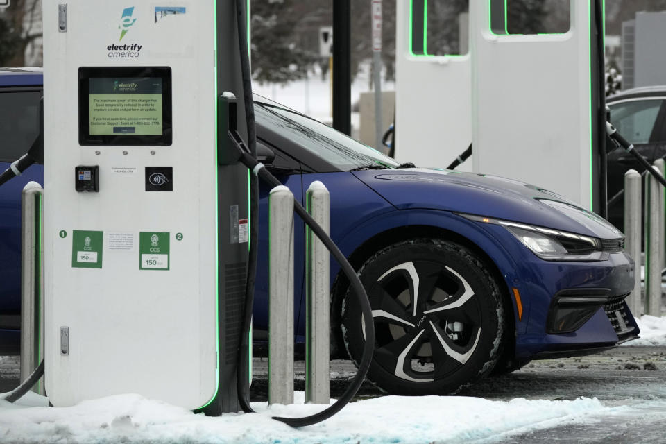 FILE - A Electrify America Charging Station for electric vehicles is seen at Westfield Old Orchard shopping center in Skokie, Ill., Jan. 29, 2023. The federal government has announced $2.5 billion for the construction of EV charging stations and alternative fueling infrastructure across the U.S. The new grants come under the umbrella of President Joe Biden’s goal of establishing 500,000 public EV charging stations by 2030. (AP Photo/Nam Y. Huh, file)