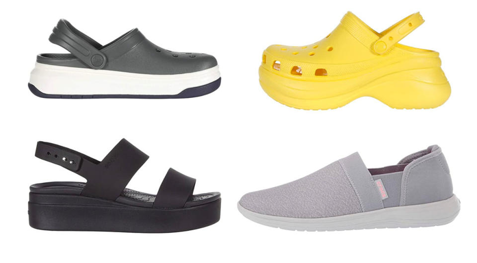 (Clockwise from top left): Crocband Full Force Clog, Classic Bae Clog, Reviva Slip-On, Brooklyn Low Wedge—all on sale right now! (Photo: Zappos)