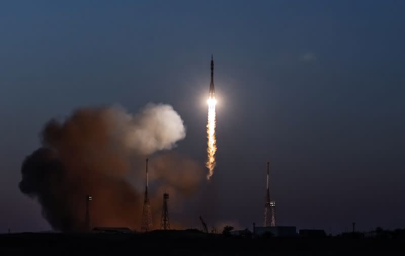 The Soyuz MS-20 spacecraft carrying the International Space Station (ISS) crew blasts off at the Baikonur Cosmodrome