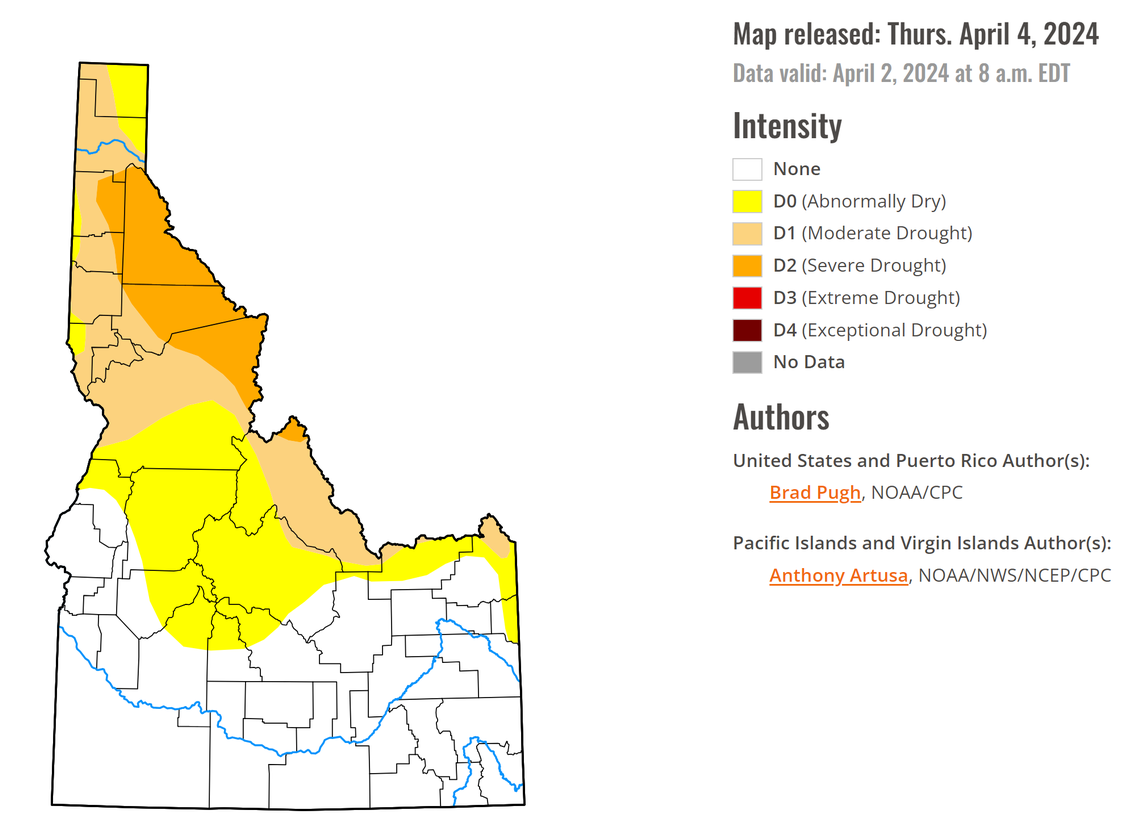 Drought conditions in Idaho as of April 4, 2024. U.S. Drought Monitor