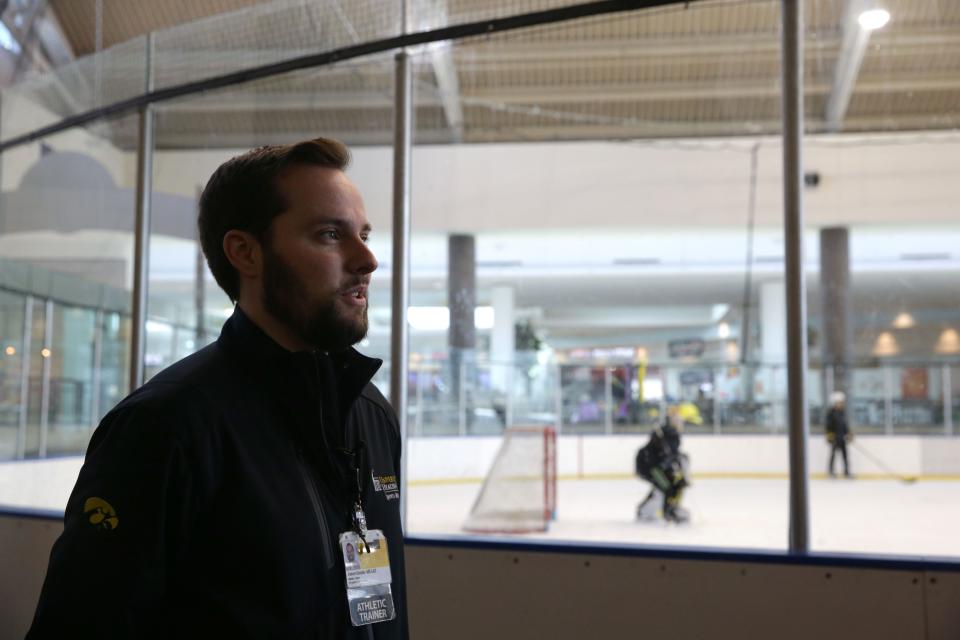 The Iowa Heartlanders athletic trainer Jason Geisler is interviewed after practice Wednesday, Feb. 28, 2024 at The Rink at Coral Ridge in Coralville, Iowa.