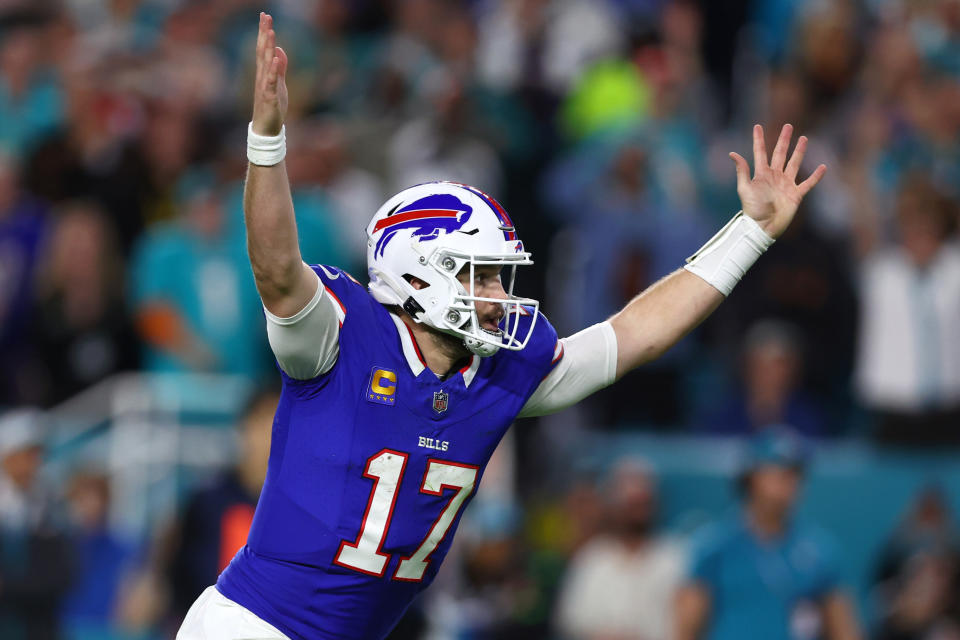 MIAMI GARDENS, FLORIDA - JANUARY 07: Josh Allen #17 of the Buffalo Bills reacts after a long completion during the second quarter against the Miami Dolphins at Hard Rock Stadium on January 07, 2024 in Miami Gardens, Florida. (Photo by Megan Briggs/Getty Images)
