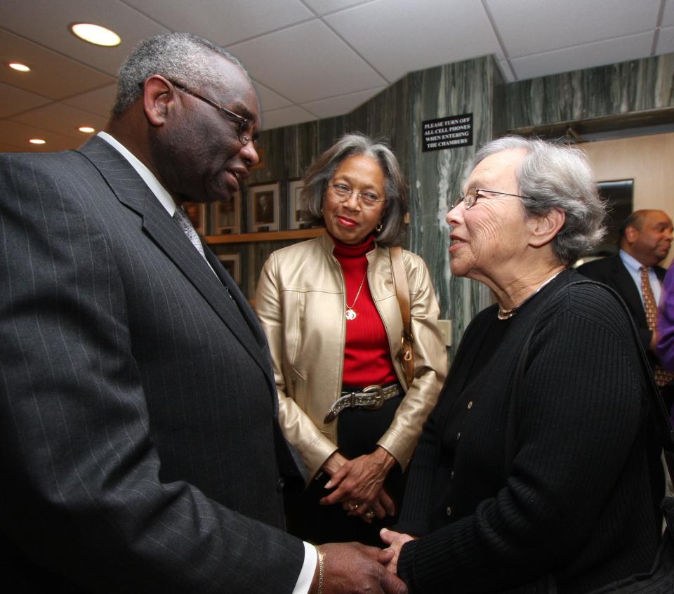 Willie L. Bryant, left, community activist, and June Shagaloff Alexander, NAACP National Education director, retired, greet each other as plaques honoring the 2008 inductees into the Rockland County Civil Rights Hall of Fame are unveiled April 2, 2009 at the Rockland County office building in New City. Goldie Watkins-Bryant, Dr. Bryant's wife, shares the moment.