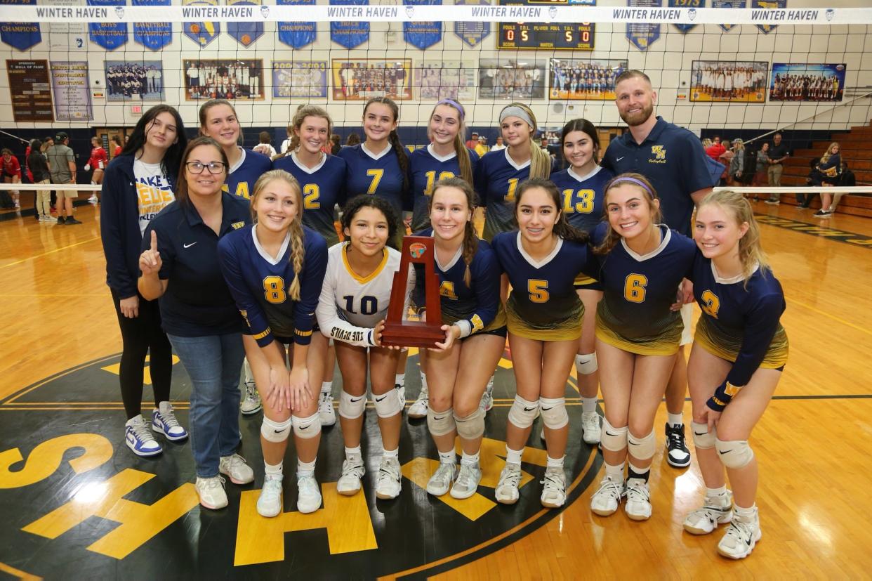 Winter Haven won the district championship over Strawberry Crest Thursday, Oct. 20 at Winter Haven High School. Starting from the back row from left to right are Kiara Hamilton, Emily Drier, Elle Floyd, Rylee Tanner, Paige Prather, Coryn Gilliam, Sydney Davis, Head Coach Dylan Sechrest. In the front row are assistant Coach Andrea Rhoden, Lani Kemp, Ari Santos, Tori Martin, Sophia, Alvarado, Tori Hurles and Sadie McIntee.