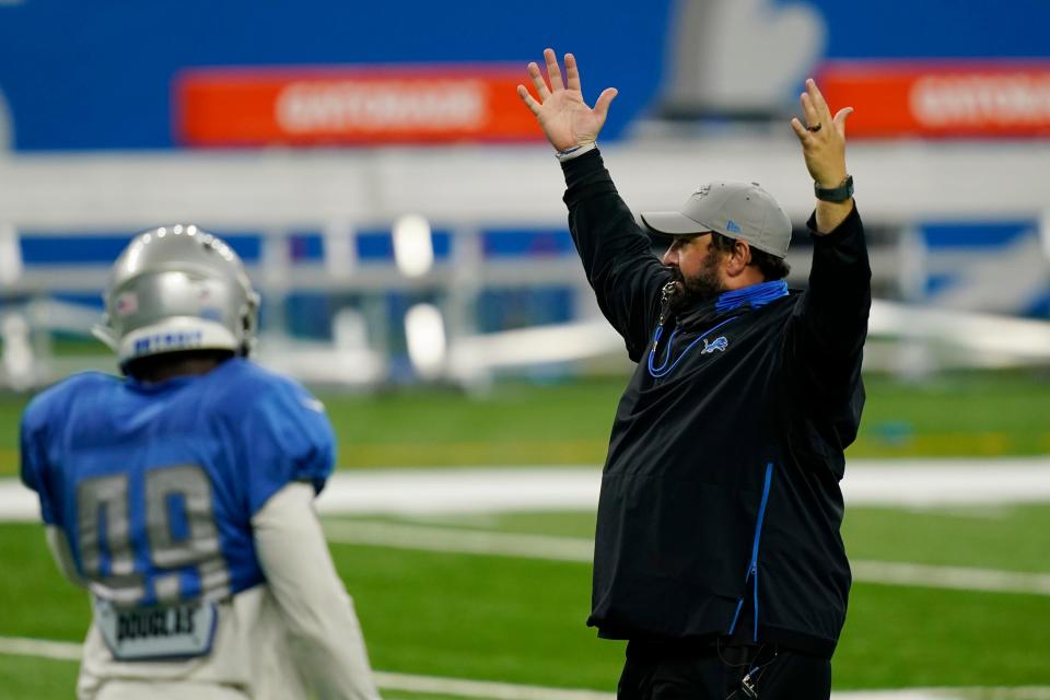 Detroit Lions head coach Matt Patricia calls for his team during drills at practice Wednesday, Sept. 2, 2020 at Ford Field.