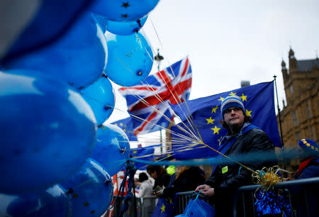 An anti-Brexit demonstrator sits behind EU flag balloons outside the Houses of Parliament in London, Britain, December 10, 2018. REUTERS/Henry Nicholls