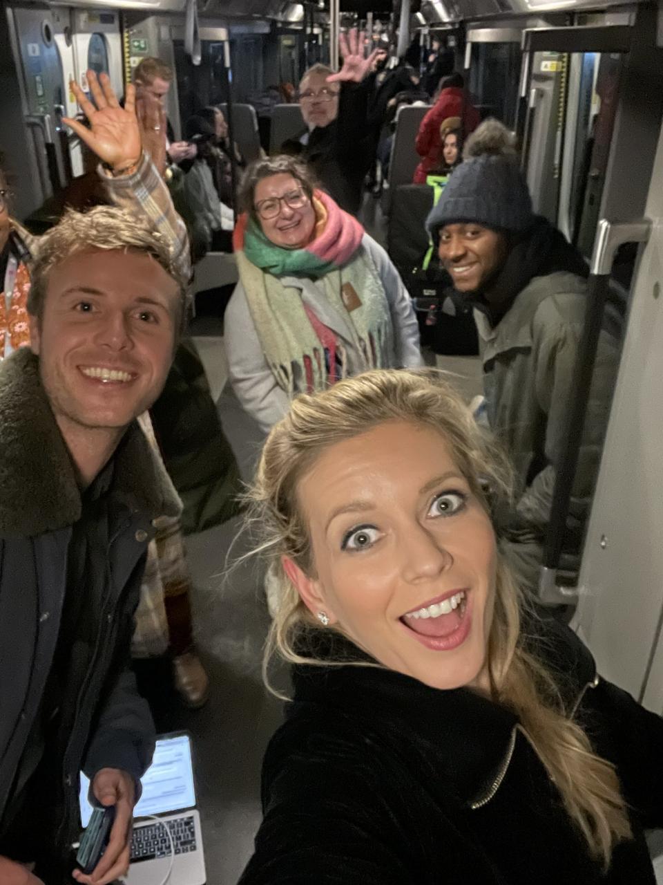 Rachel Riley pictured with some of the Elizabeth Line passengers she was stuck on a train with (Rachel Riley / X)
