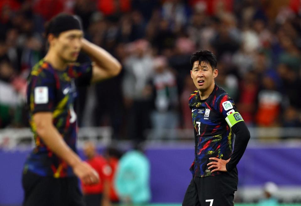 Heung-min Son reacts to the Asian Cup semi-final defeat to Jordon (REUTERS)