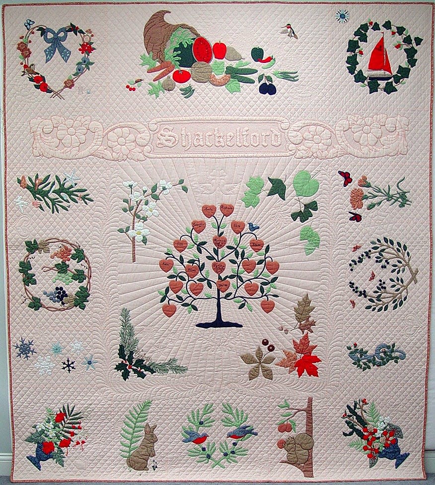 This album quilt of original patterns includes many designs that reflect Anita's family life. The family tree is surrounded by four seasons. Outer blocks contain a sailboat, garden basket, favorite flowers, and backyard animals. The family name is enclosed in a design taken from her Grandmother Peterson's wedding bracelet. Techniques include padded, corded, and stuffed applique, ruching, embroidery and stipple quilting, all done by hand.