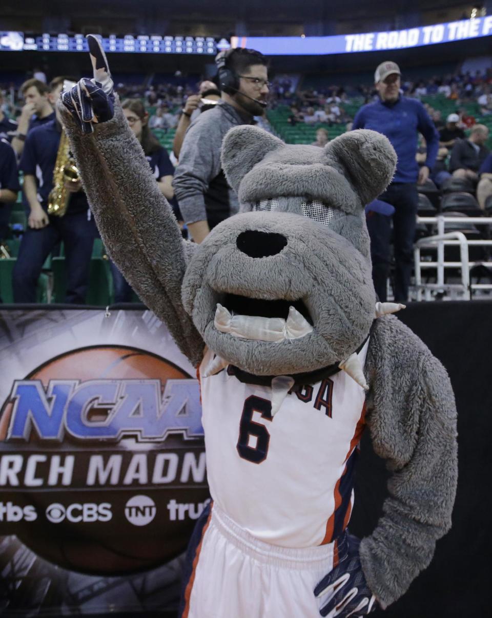Gonzaga's mascot Spike the Bulldog performs before the start of their second-round men's college basketball game against Northwestern in the NCAA Tournament Saturday, March 18, 2017, in Salt Lake City. (AP Photo/Rick Bowmer)