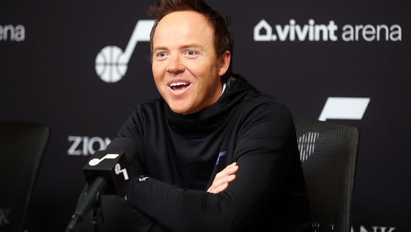 Utah Jazz owner Ryan Smith talks to media about the upcoming NBA All-Star 2023 Weekend at Vivint Arena in Salt Lake City, on Monday, Feb. 6, 2023. Smith has expressed interest in bringing an NHL team to Utah.