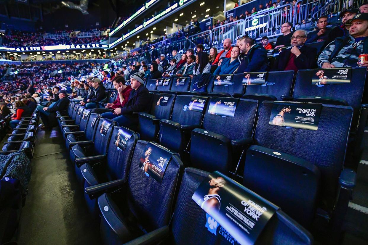 A view of empty seats in the first half between the Brooklyn Nets and the Chicago Bulls at Barclays Center on March 8, 2020 in New York City. 