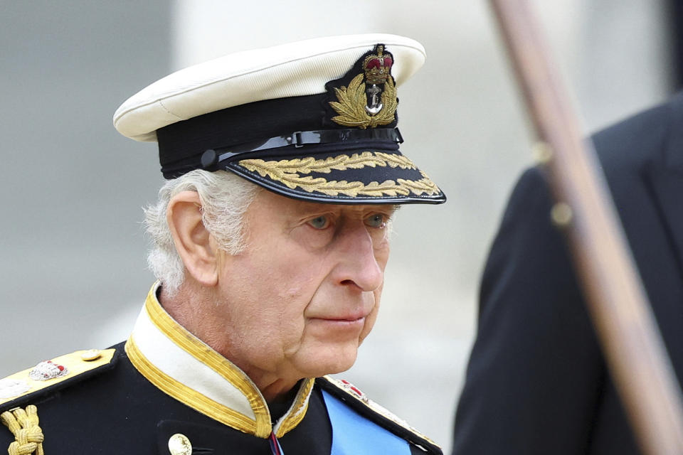 Britain&#39;s King Charles III attends the state funeral of Queen Elizabeth II, at the Westminster Abbey in London Monday, Sept. 19, 2022. (Hannah McKay/Pool Photo via AP)