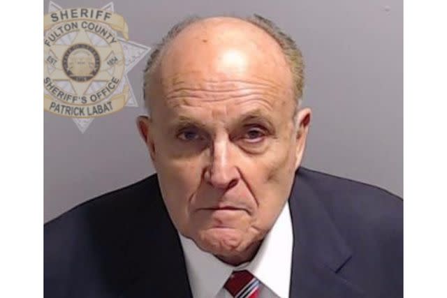 <p>Fulton County Sheriff's Office</p> Rudy Giuliani's mug shot after he surrendered to Fulton County, Ga., authorities in August 2023