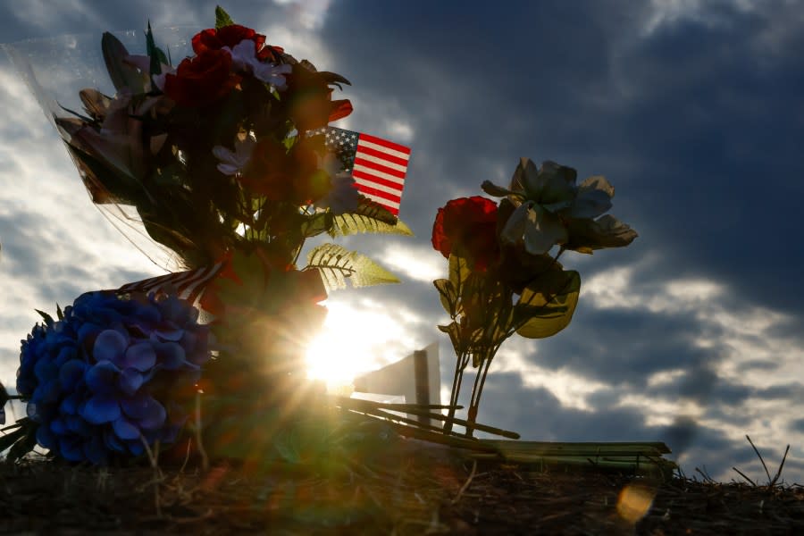 Flowers stand at a lookout point for the collapsed Francis Scott Key Bridge, Sunday, March 31, 2024, in Baltimore. (AP Photo/Julia Nikhinson)