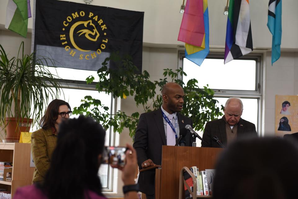 Minnesota Democratic Rep. Cedric Frazier (New Hope) speaks in the Como Senior High School library about his bill that would ban book bans in the state in St. Paul, Minn. on March 21, 2024.