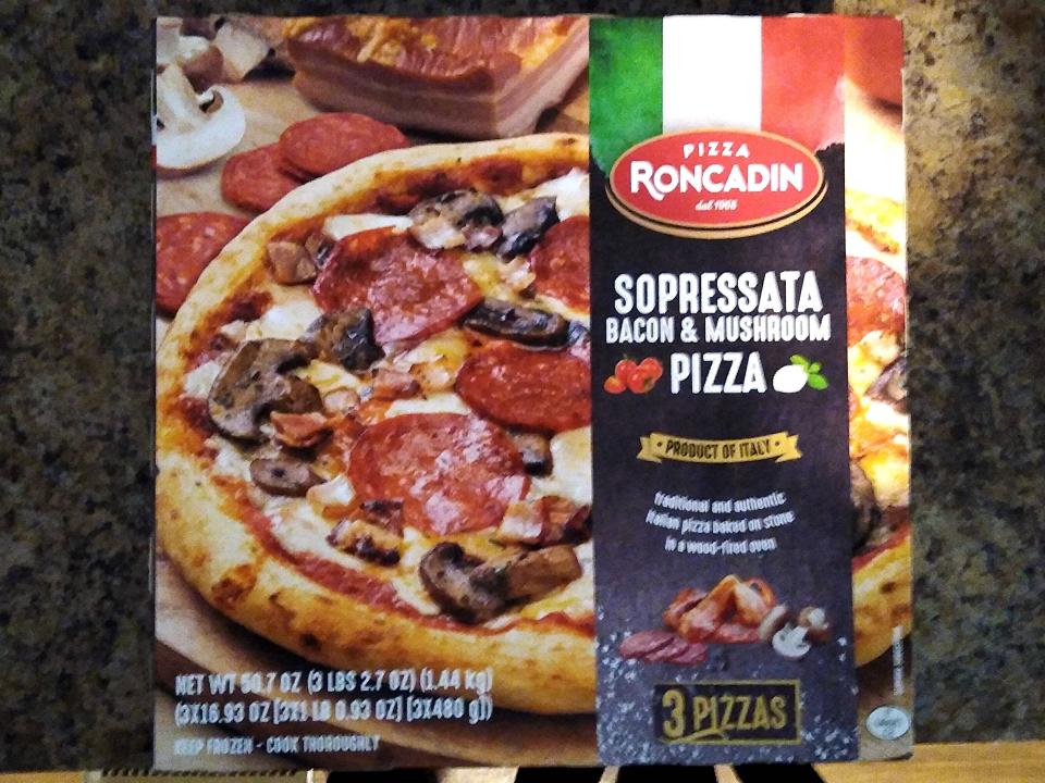 box of roncadin frozen pizzas from costco on granite counter