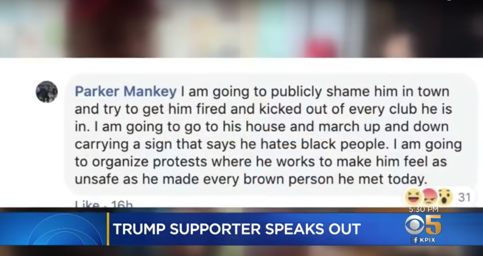 A deleted Facebook comment from Rebecca Parker Mankey of Palo Alto, vowed to ruin a man’s life because he wore a MAGA hat in Starbucks. (Screenshot: KPIX CBS)