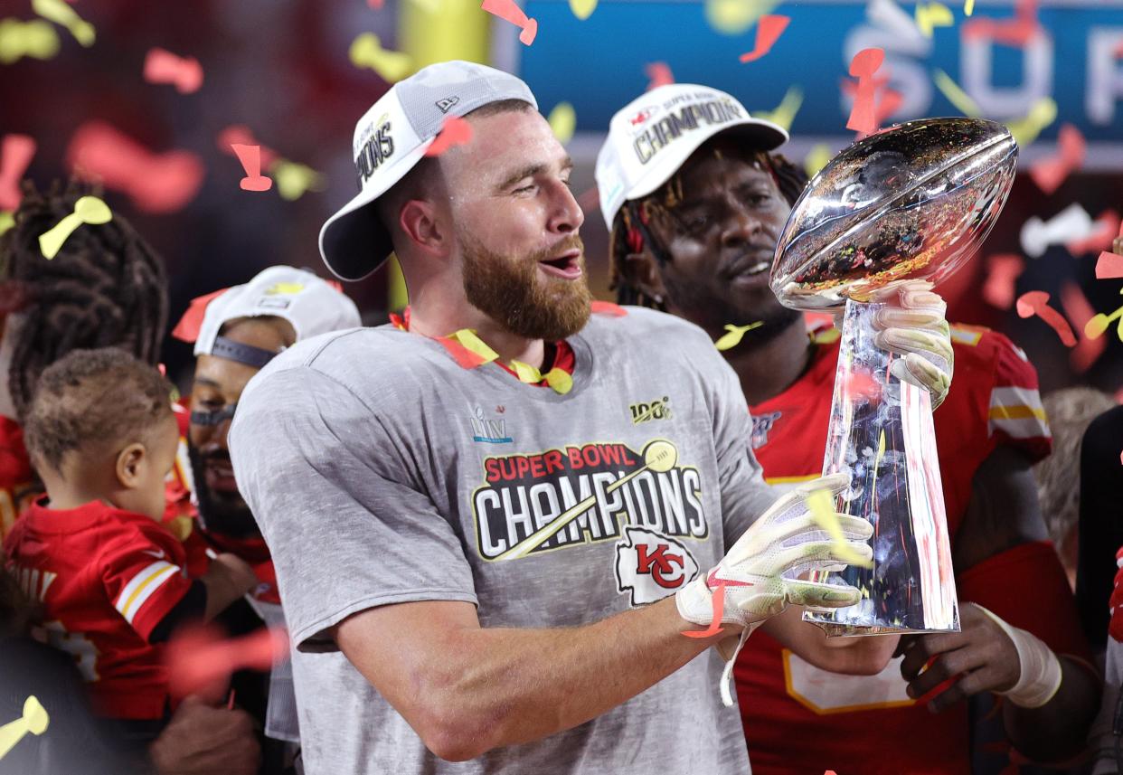 The Kansas City Chiefs won Super Bowl LIV at the Hard Rock Stadium in Miami Gardens, Florida, in February 2020, just a month before the coronavirus pandemic began to shut down the US (Getty Images)