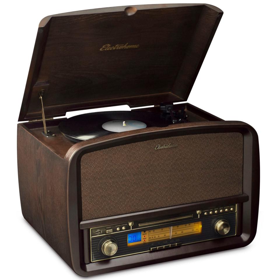 The Signature Retro Hi-Fi Stereo System plays everything from vinyl records to MP3s.