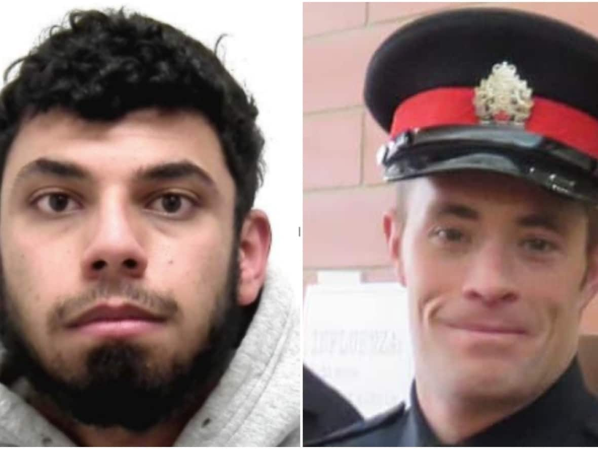 Amir Abdulrahman, left, has pleaded guilty to manslaughter in the death of Calgary police officer Sgt. Andrew Harnett, who was killed during a traffic stop on New Year's Eve. (Calgary Police Service, Strathmore Legion/Facebook - image credit)