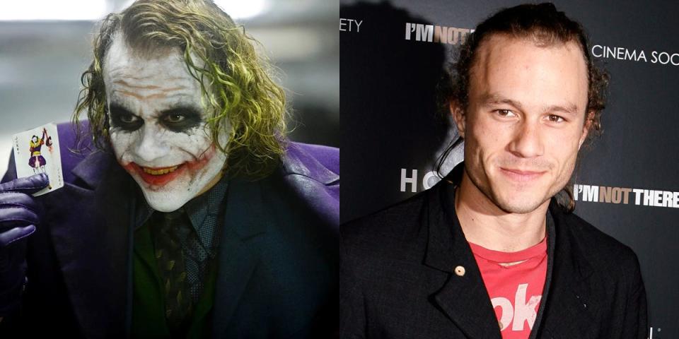 Side by side of Heath Ledger as the Joker in "The Dark Knight" and in a 2007 photo.