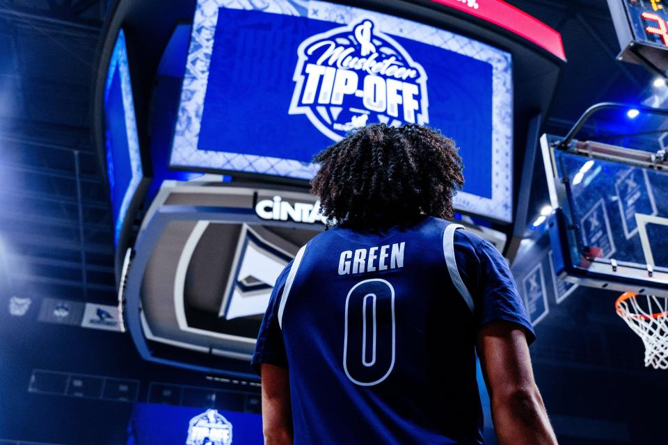 Freshman guard Trey Green (0) poured in 16 points, including four 3-pointers, in Xavier Blue's 74-60 win over Xavier White at Musketeer Tip-Off on Friday, Oct. 13, 2023.