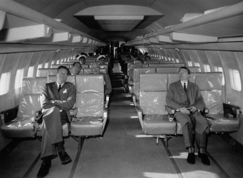 The interior of a giant Boeing 707 jet airliner, which can take up to 165 economy class passengers.