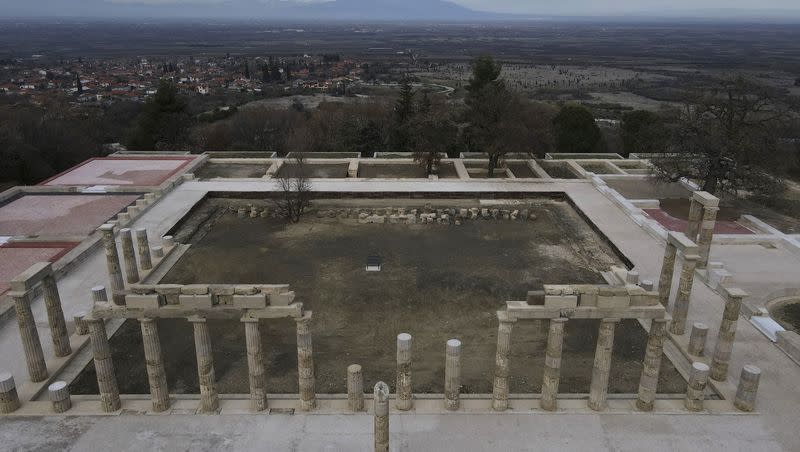 The Palace of Aigai, built more than 2,300 years ago during the reign of Alexander the Great’s father, is seen from above after it was fully reopened in ancient Aigai, some 40 miles southwest of the port city of Thessaloniki, northern Greece, on Friday, Jan. 5, 2024.
