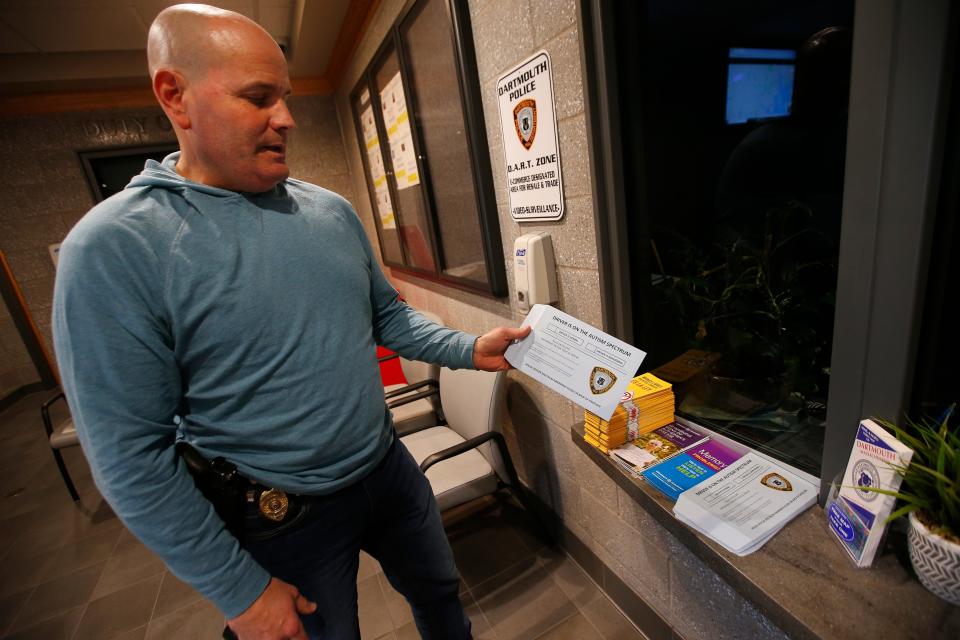 Dartmouth police detective Kyle Costa speaks about the Blue Envelope Program, which the department has recently adopted for drivers on the autism spectrum. These envelopes can be found at the Dartmouth Police Department building on Tucker Road.