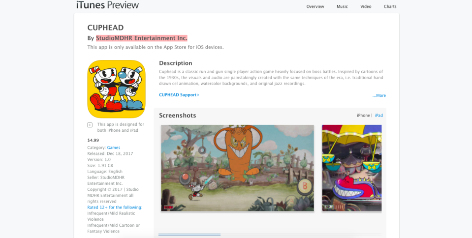 Cuphead (fake/App Store listing)