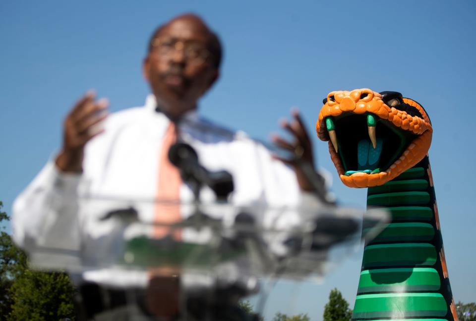 Mayor Pro-Tem Curtis Richardson speaks at the official opening of the new Cascades Trail Skateable Art Park on Wednesday, June 22, 2022 in Tallahassee, Fla. 