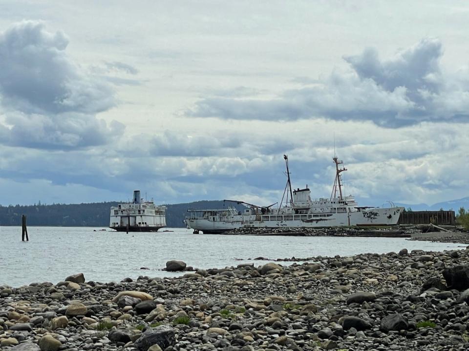 Old ships anchored in Union Bay at the Deep Water Recovery site on May 10, 2022. Transport Canada says 47,321 vessels were registered, 3,054 of them are larger vessels such as ferries or fishing boats that will be expensive to scrap. 