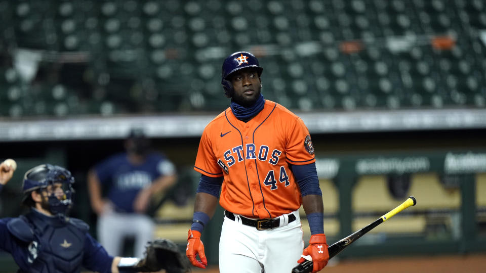 Houston Astros' Yordan Alvarez strikes out against the Seattle Mariners during the fourth inning of a baseball game Friday, Aug. 14, 2020, in Houston. (AP Photo/David J. Phillip)