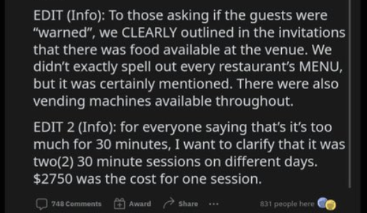 Text explaining that invitations said that food and vending machines were available at the venue and that the appearances covered two 30-minute sessions on different days