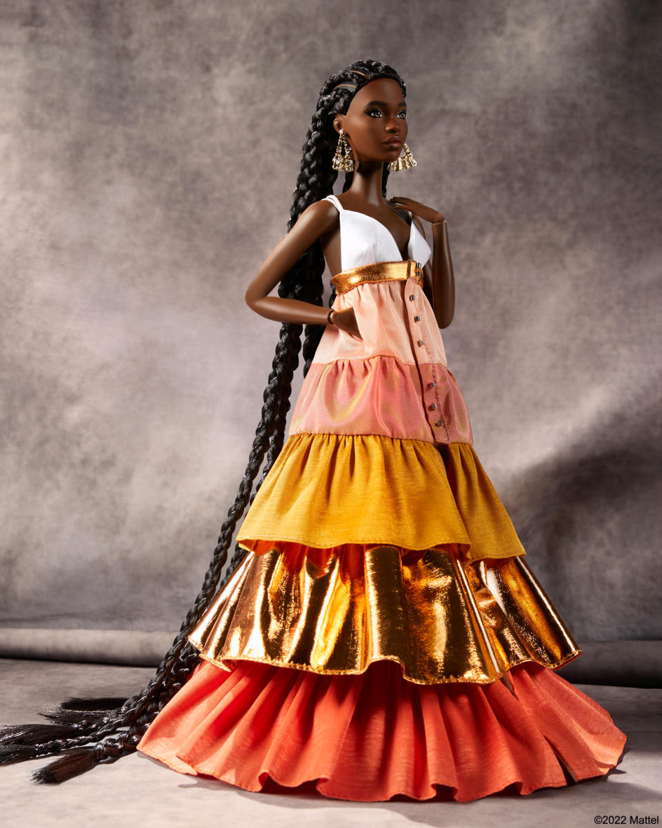 Kimberly Goldston’s multi-layered dress on Barbie. - Credit: Courtesy of Mattel