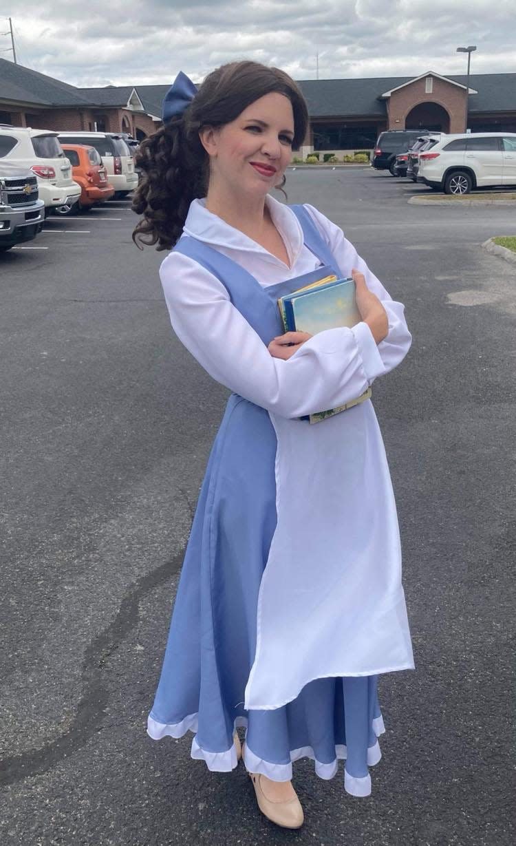 Mandy Dunbar as Princess Belle in her village gown at Cruze Farm, spring 2021.