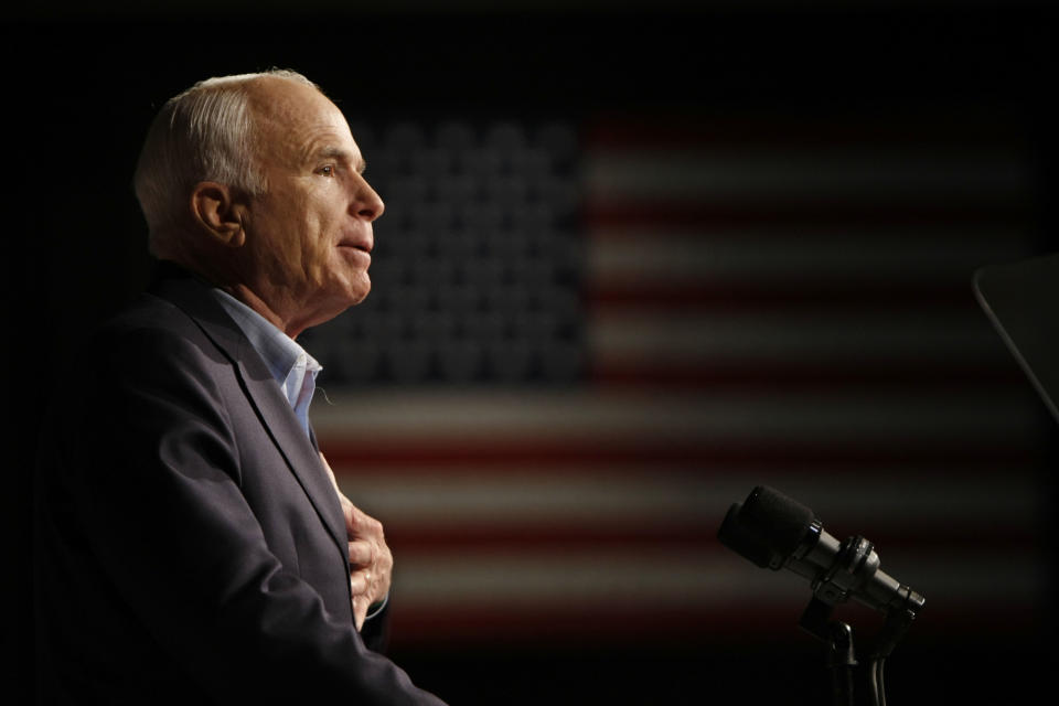 In this Oct. 11, 2008, file photo, Republican presidential candidate Sen. John McCain, R-Ariz., speaks at a rally in Davenport, Iowa. Arizona Sen. McCain, the war hero who became the GOP’s standard-bearer in the 2008 election, has died. He was 81. His office says McCain died Saturday, Aug. 25, 2018. He had battled brain cancer. (AP Photo/Gerald Herbert, File)